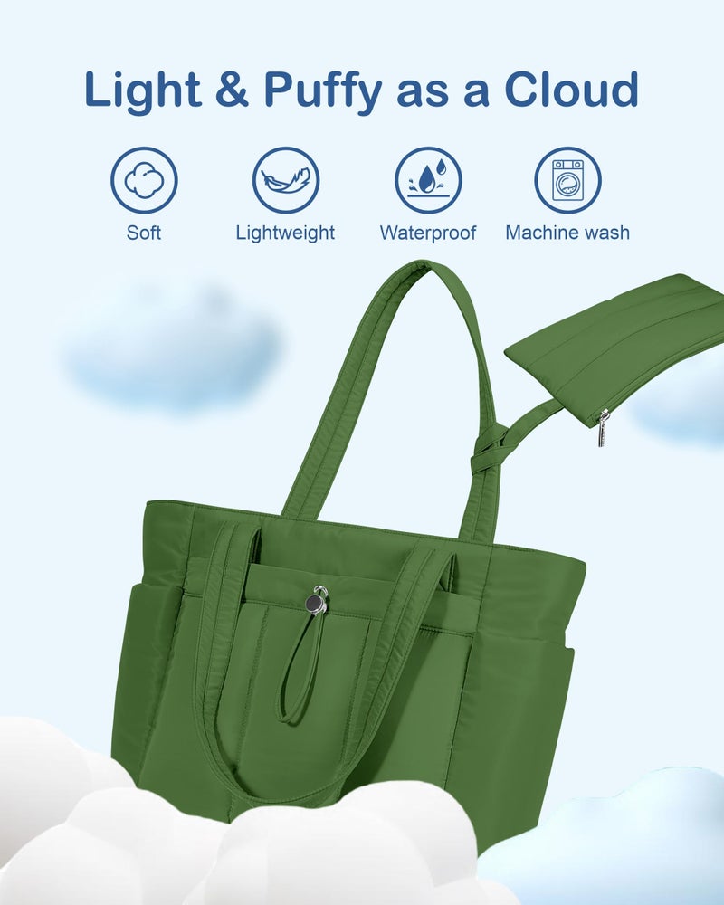 TOPDesign Puffy Tote Bag for Women with Cup Holder & Laptop Compartment & Cosmetic Bag & Trolley Sleeve for Work, Travel (M Green) - Image 4