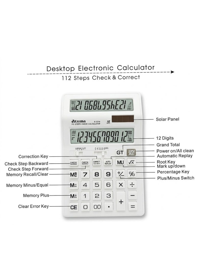 آلة حاسبة إلكترونية مكتبية B-327W - 12 رقمًا، وظيفة التحقق من 112 خطوة، شاشة LCD كبيرة، لوحة طاقة شمسية مزدوجة، وظيفة المجموع الكلي للاستخدام المكتبي والتجاري - Image 3