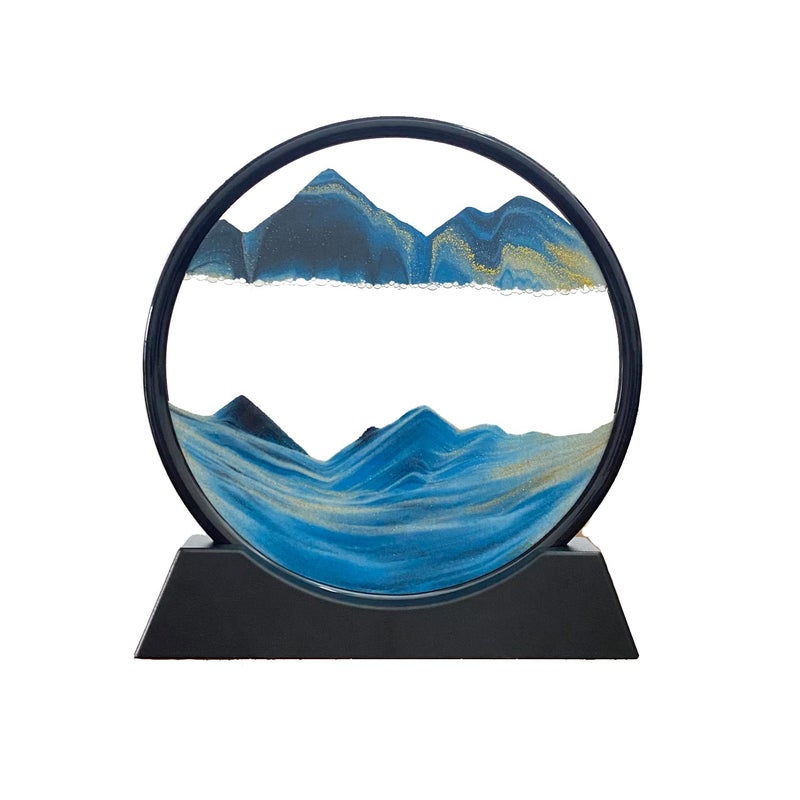 3D Dynamic Sand Art Liquid Motion Moving Sand Art Picture Round Glass 3D Deep Sea Sandscape in Motion Display Flowing Sand Frame Relaxing Desktop Home Office Work Decor 7 Blue
