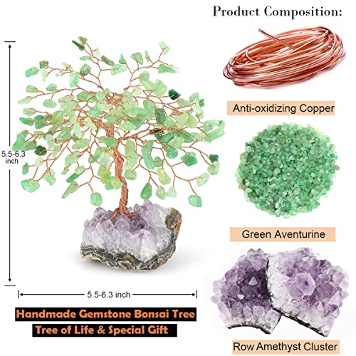 MASGEMES Gemstone Crystal Tree of LifeNatural Green Aventurine with Amethyst Cluster BaseFeng Shui Gift Bonsai Money TreeHome Decor for Luck and Wealth 5563 - Image 3