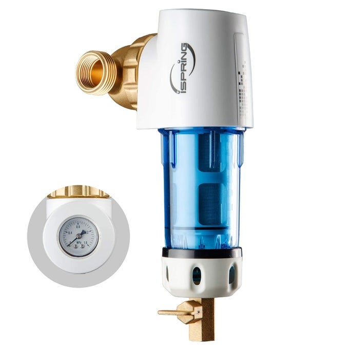 WSP50GR REUSABLE SPIN DOWN SEDIMENT WATER FILTER 50 MICRON WITH BUILTIN HOUSING SCRAPER 360 ROTATABLE HEAD PRESSURE GAUGE BLUE