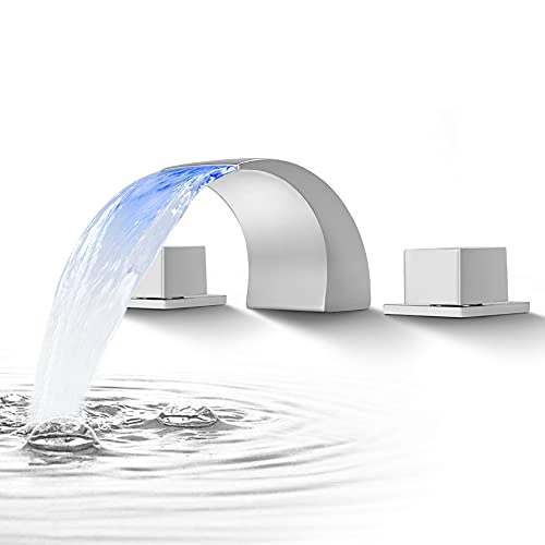 SKOWLL 8 Inch Widespread Polished Chrome Waterfall Bathroom Sink Faucet Deck Mount 3 Hole 2 Handle LED Light