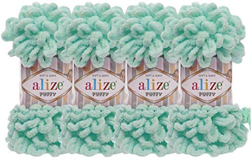 ALIZE 4 skn/Ball Alize Puffy Baby Big Loop Blanket Yarn 100% Micropolyester Soft Yarn 400gr 39.3 yds (19- Light Turquoise) - Image 1