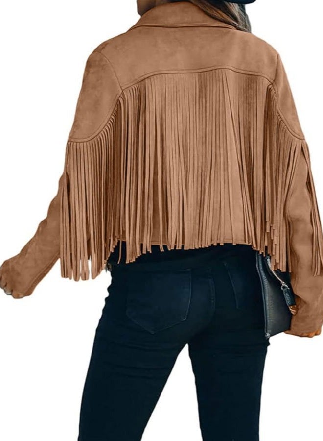 Bibowa Faux Leather Jackets For Women Trendy Cowgirl Outfits Fall Western Fringe Cropped Jacket 2025 Tassel Motorcycle Crop Coats Winter Tan Xl - Image 4