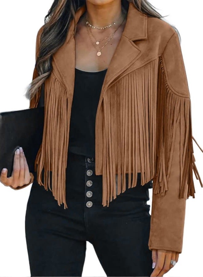 Bibowa Faux Leather Jackets For Women Trendy Cowgirl Outfits Fall Western Fringe Cropped Jacket 2025 Tassel Motorcycle Crop Coats Winter Tan Xl - Image 1