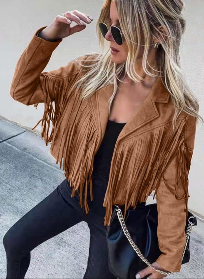 Bibowa Faux Leather Jackets For Women Trendy Cowgirl Outfits Fall Western Fringe Cropped Jacket 2025 Tassel Motorcycle Crop Coats Winter Tan Xl - Image 3