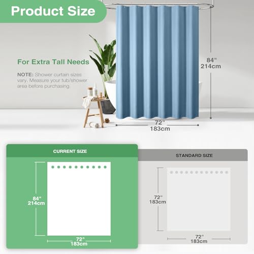 Dynamene Extra Long Shower Curtain - 84 Inch Long Blue Waffle Weave Heavy Duty Fabric Bathroom Shower Curtain, Weighted Hotel Thick Bath Curtain Set with 12 Plastic Hooks,72x84, Moonlight Blue - Image 3