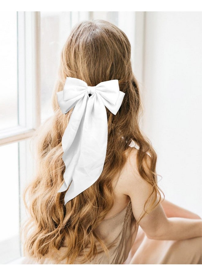 TULOBI 2Pcs Silky Satin Hair Bows for Women with Long Tail Coquette Big Hair Ribbon Hair Clip Aesthetic Hair Accessories - White - Image 2