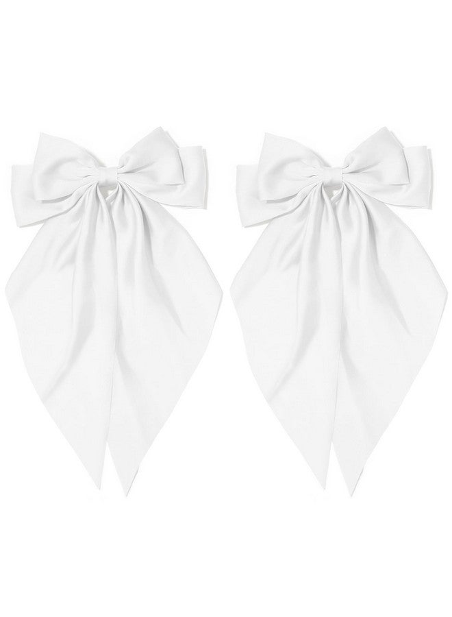 TULOBI 2Pcs Silky Satin Hair Bows for Women with Long Tail Coquette Big Hair Ribbon Hair Clip Aesthetic Hair Accessories - White - Image 1