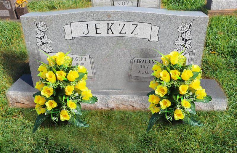LVXINLI 2 Sets Artificial Cemetery Flowers,Outdoor Grave Decorations Roses,Beautiful Arrangements Bouquet with Cemetery Vase,Lasting and Non-Bleed Colors (Yellow) - Image 3
