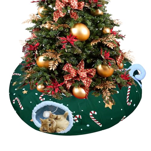 LUCKITTY Cat Tunnel Bed in Christmas Style with Star Crutches Candy and Snowflakes Patterns 3FT x 3FT x 98 INCH Size Green Decorative for Festive Felines - Image 1