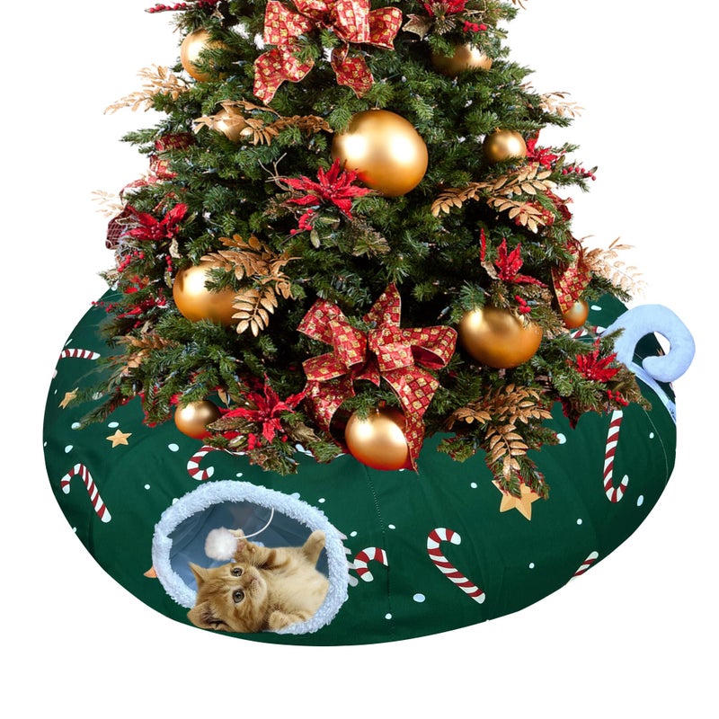 LUCKITTY Cat Tunnel Bed in Christmas Style with Star Crutches Candy and Snowflakes Patterns 3FT x 3FT x 98 INCH Size Green Decorative for Festive Felines - Image 2