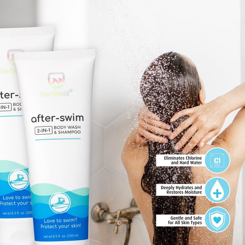 Exershield 2 in 1 Chlorine Body Wash and Chlorine Shampoo for Swimmers - After Swim Chlorine Odor Removal Body Wash and Swimmer Shampoo; NEW IMPROVED CAP DESIGN - Image 2