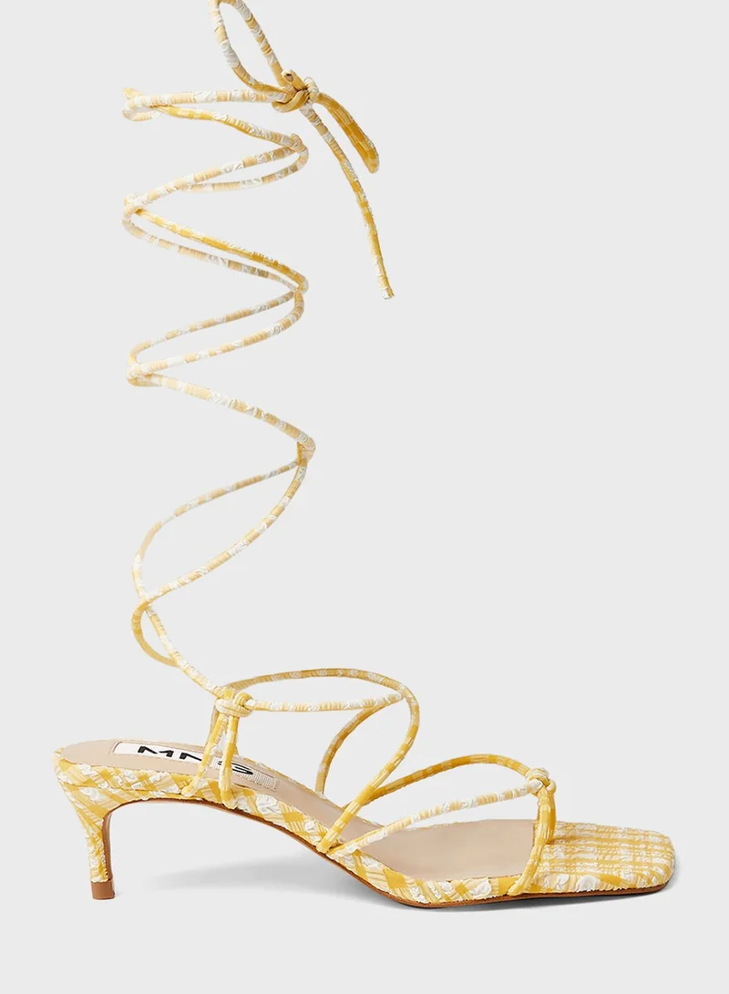 MANGO Gingham Print Tie-Up Sandals