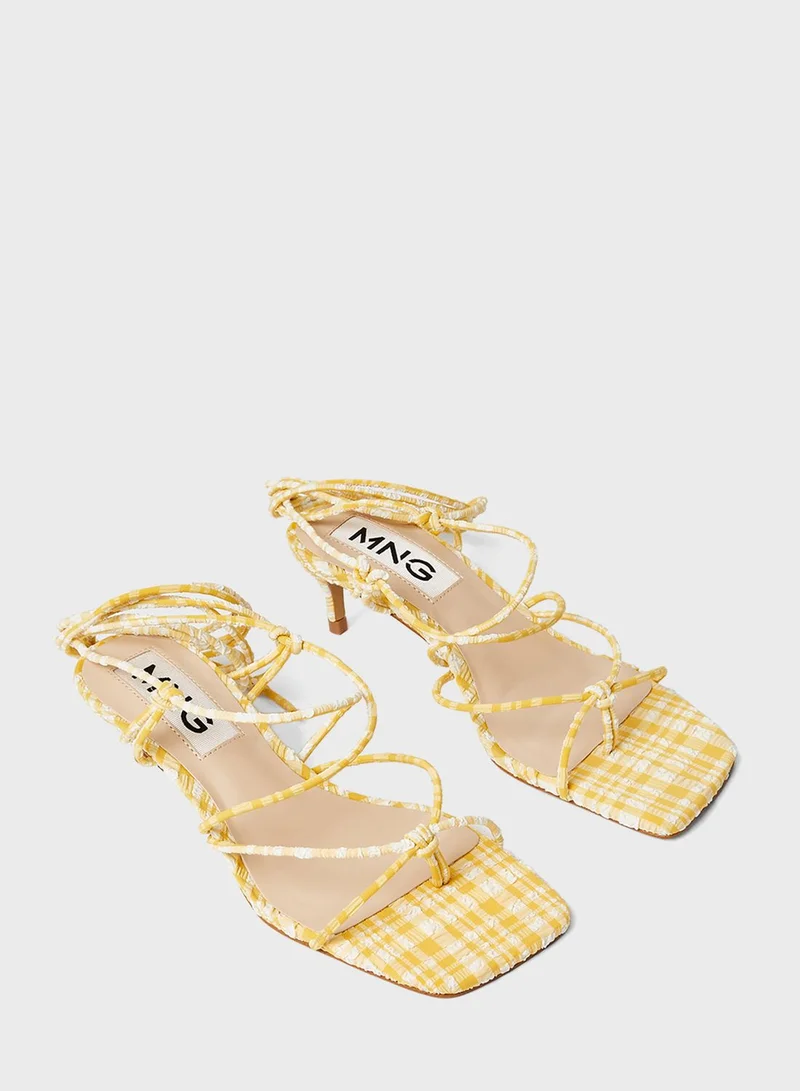 MANGO Gingham Print Tie-Up Sandals