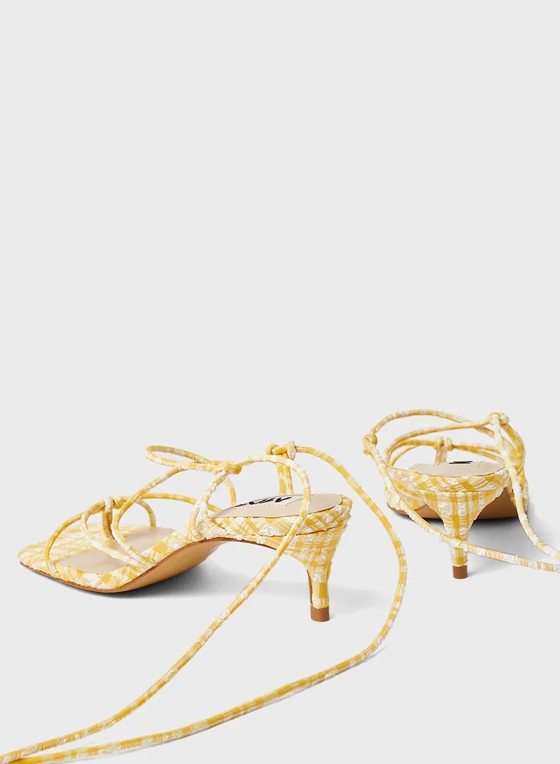 MANGO Gingham Print Tie-Up Sandals