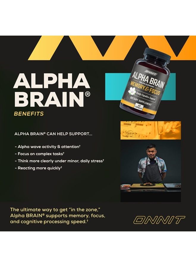 Onnit Alpha Brain Premium Nootropic Brain Supplement, 90 Count, for Men & Women - Caffeine-Free Focus Capsules for Concentration, Brain & Memory Support - Brain Booster Cat's Claw, Bacopa, Oat Straw