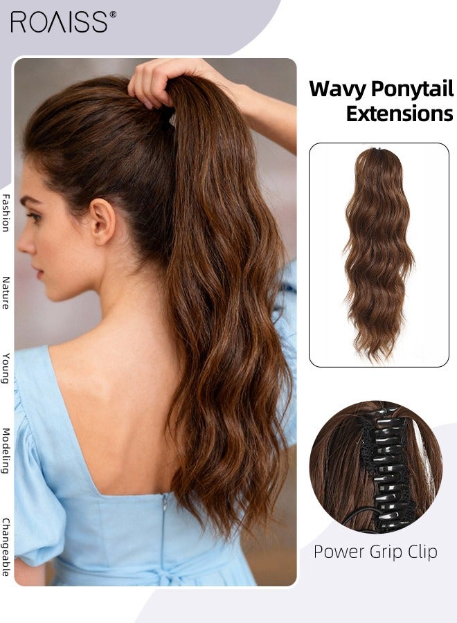 رويس وصلة ذيل حصان صناعية مموجة بطول 18 بوصة للاستخدام اليومي في الحفلات، شعر طويل مجعد ومموج، وصلة ذيل حصان، مشبك مخلب وفك، شعر مستعار طبيعي مع رباط للنساء - Image 1