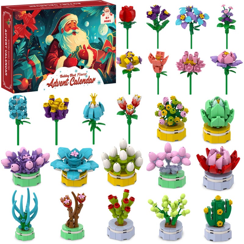 Advent Calendar 2025 Building Block Flowers for Kids 24 Days of Christmas Countdown Building Blocks 24 Kinds of Flowers and Succulents Unique Fun Advent Calendar Kids Teens Girls Boys