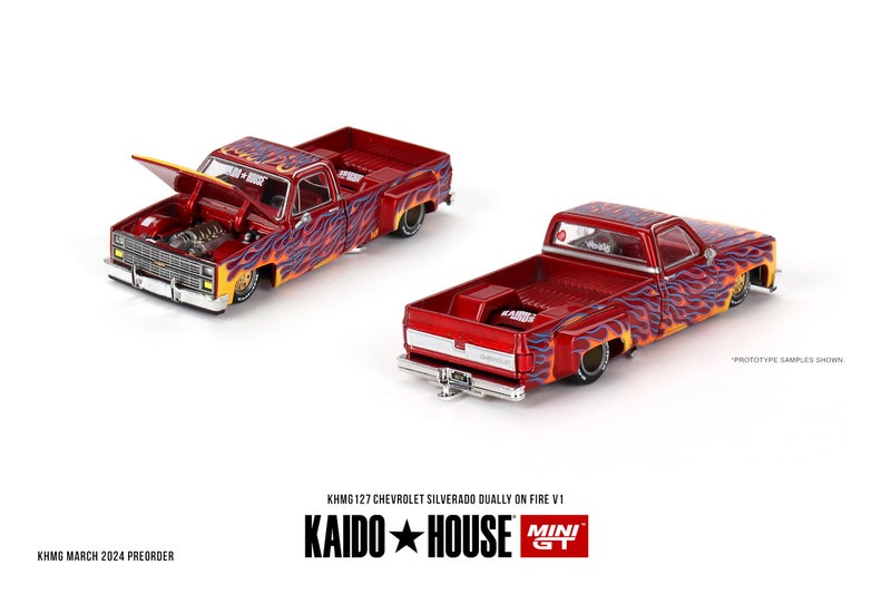 Mini GT Models True Scale Miniatures Model Car Compatible with Chevrolet Silverado Dually on Fire V1 Red with Flames Limited Edition 1/64 Diecast Model Car Kaido House KHMG127 - Image 3
