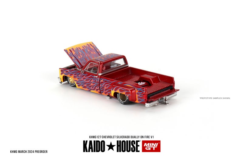 Mini GT Models True Scale Miniatures Model Car Compatible with Chevrolet Silverado Dually on Fire V1 Red with Flames Limited Edition 1/64 Diecast Model Car Kaido House KHMG127 - Image 4