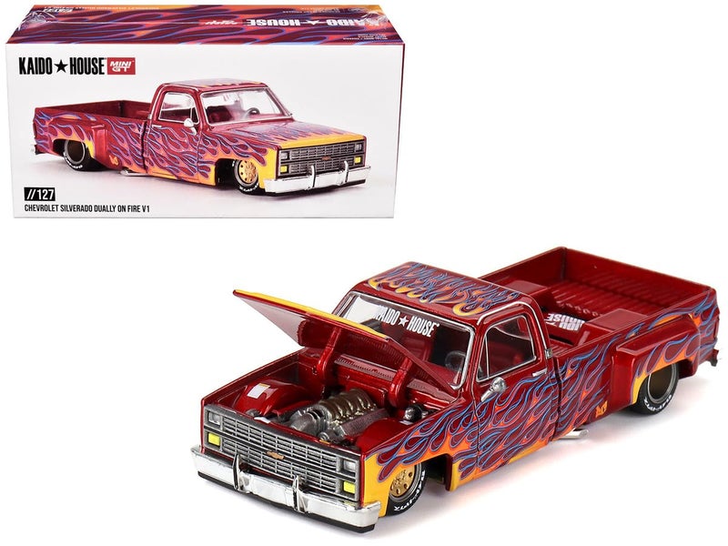 Mini GT Models True Scale Miniatures Model Car Compatible with Chevrolet Silverado Dually on Fire V1 Red with Flames Limited Edition 1/64 Diecast Model Car Kaido House KHMG127 - Image 1