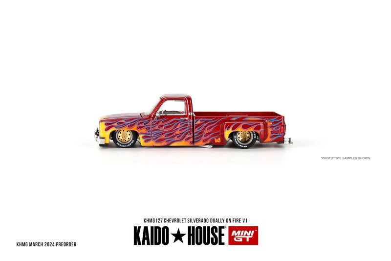 Mini GT Models True Scale Miniatures Model Car Compatible with Chevrolet Silverado Dually on Fire V1 Red with Flames Limited Edition 1/64 Diecast Model Car Kaido House KHMG127 - Image 5