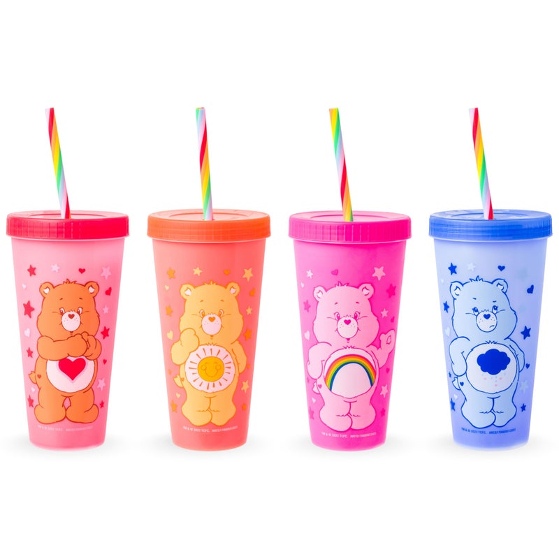 Silver Buffalo Care Bears Hearts and Stars 4 Pack Plastic Color Changing Tumblers with Rainbow Swirl Straws Featuring Tenderheart, Funshine, Cheer, and Grumpy Bear 24 Ounces - Image 1