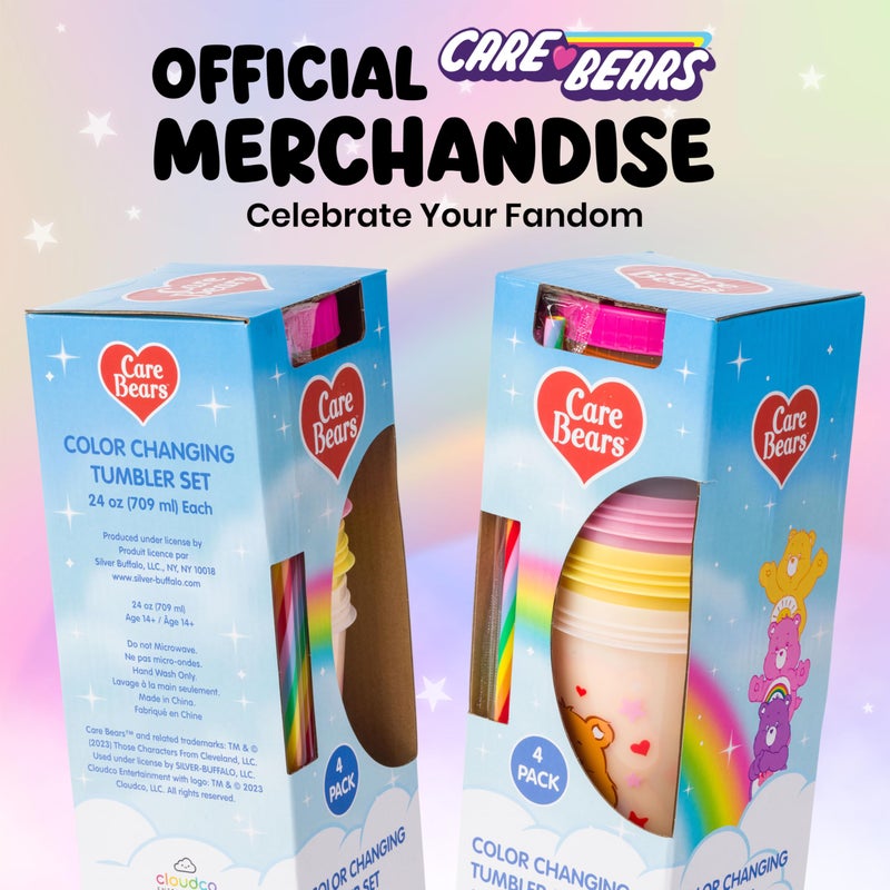 Silver Buffalo Care Bears Hearts and Stars 4 Pack Plastic Color Changing Tumblers with Rainbow Swirl Straws Featuring Tenderheart, Funshine, Cheer, and Grumpy Bear 24 Ounces - Image 3