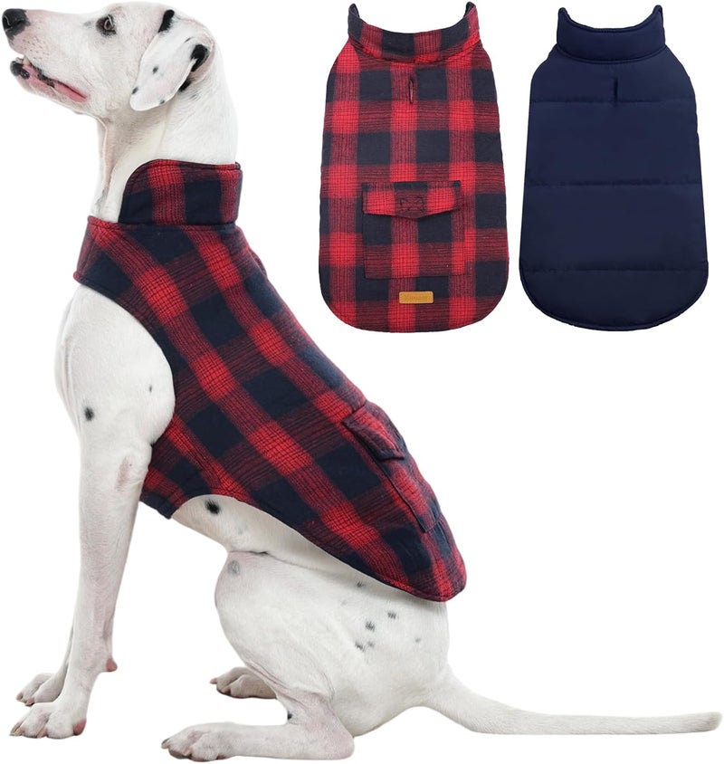 Kuoser Reversible Winter Coat, British Style Jacket for Medium and Large Dogs - Warm Windproof Puppy Cold Weather Clothes Vest, Red L - Image 1