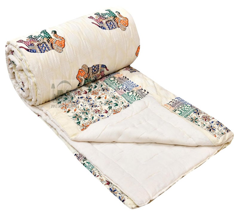 SIBLEY 210 TC Traditional Rajasthani Jaipuri Sanganeri Printed Handmade Cotton PrintedRazaiQuilt Single Bed Blue and White - Image 4
