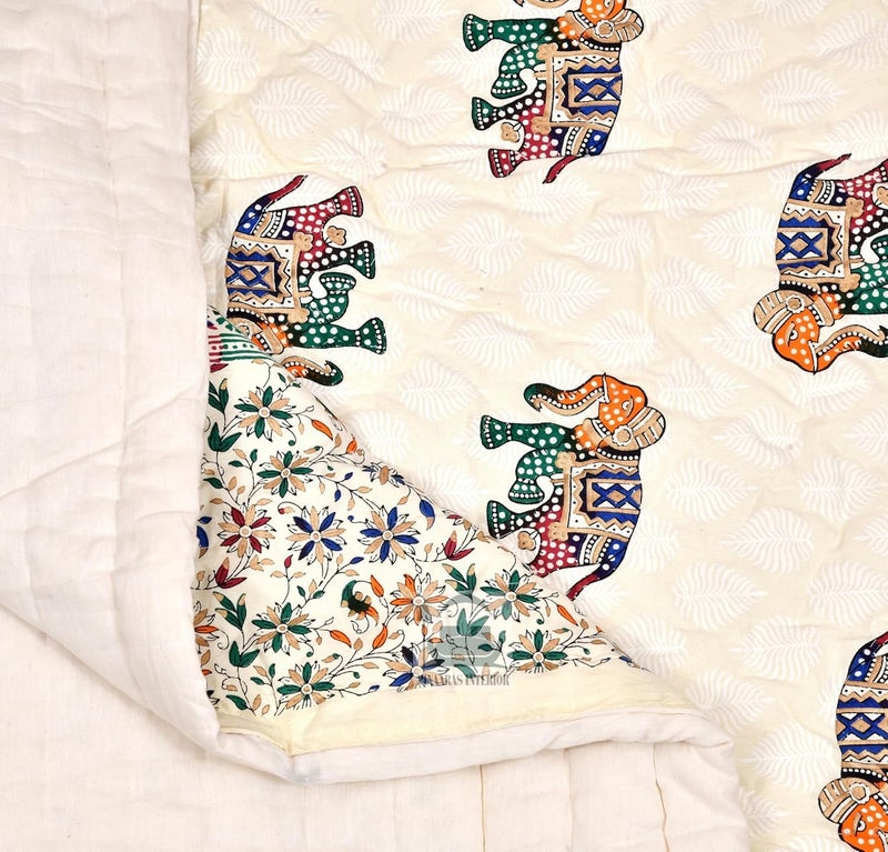 SIBLEY 210 TC Traditional Rajasthani Jaipuri Sanganeri Printed Handmade Cotton PrintedRazaiQuilt Single Bed Blue and White - Image 3