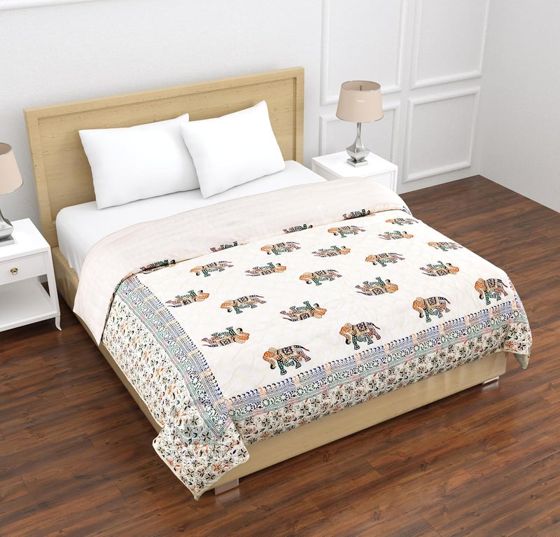 SIBLEY 210 TC Traditional Rajasthani Jaipuri Sanganeri Printed Handmade Cotton PrintedRazaiQuilt Single Bed Blue and White - Image 2