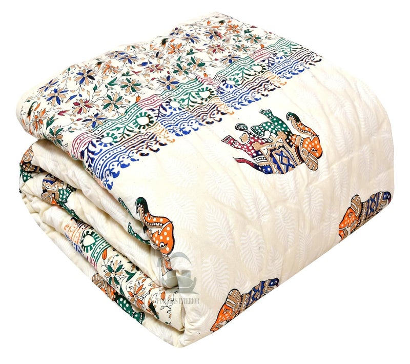 SIBLEY 210 TC Traditional Rajasthani Jaipuri Sanganeri Printed Handmade Cotton PrintedRazaiQuilt Single Bed Blue and White - Image 5