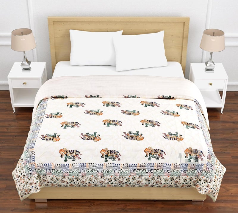 SIBLEY 210 TC Traditional Rajasthani Jaipuri Sanganeri Printed Handmade Cotton PrintedRazaiQuilt Single Bed Blue and White - Image 1