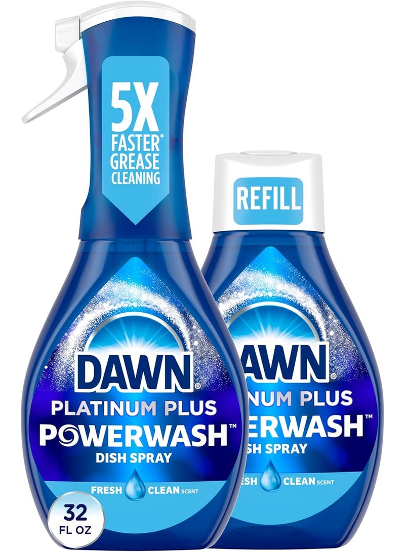 Dawn Powerwash Spray, Dish Soap, Dishwashing Liquid, Cleaning Supplies, Fresh, 1 Starter Kit + 1 Refill, 32 Fl Oz - Image 1