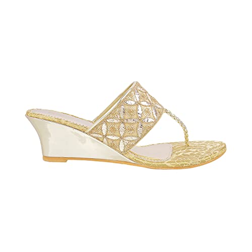 Mochi Women's Gold Ethnic Faux Leather Slip On Fashion Heel Sandals UK/7 EU/40 (35-4720) - Image 2