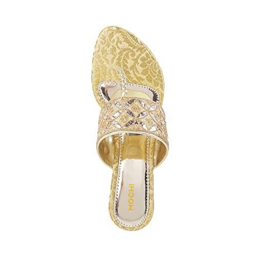 Mochi Women's Gold Ethnic Faux Leather Slip On Fashion Heel Sandals UK/7 EU/40 (35-4720) - Image 5