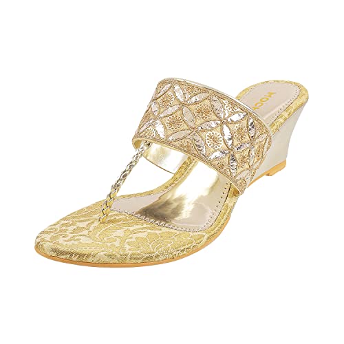 Mochi Women's Gold Ethnic Faux Leather Slip On Fashion Heel Sandals UK/7 EU/40 (35-4720) - Image 1