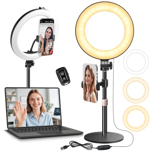 MACTREM 10“ Desk Ring Light with Stand, Desktop LED Circle Halo Light with Phone Holder for Computer Zoom Meeting, Laptop Light for Conference Video Calls, Live Streaming, Podcast, Selfie, Makeup - Image 1