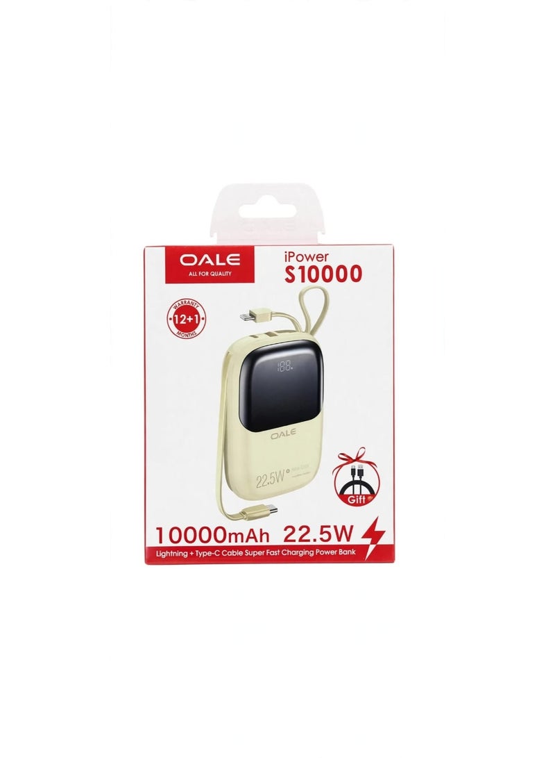 OALE S10000 10000mAh 22.5W Mini Power Bank With Dual Built-in Cables - Cream Color - Image 1