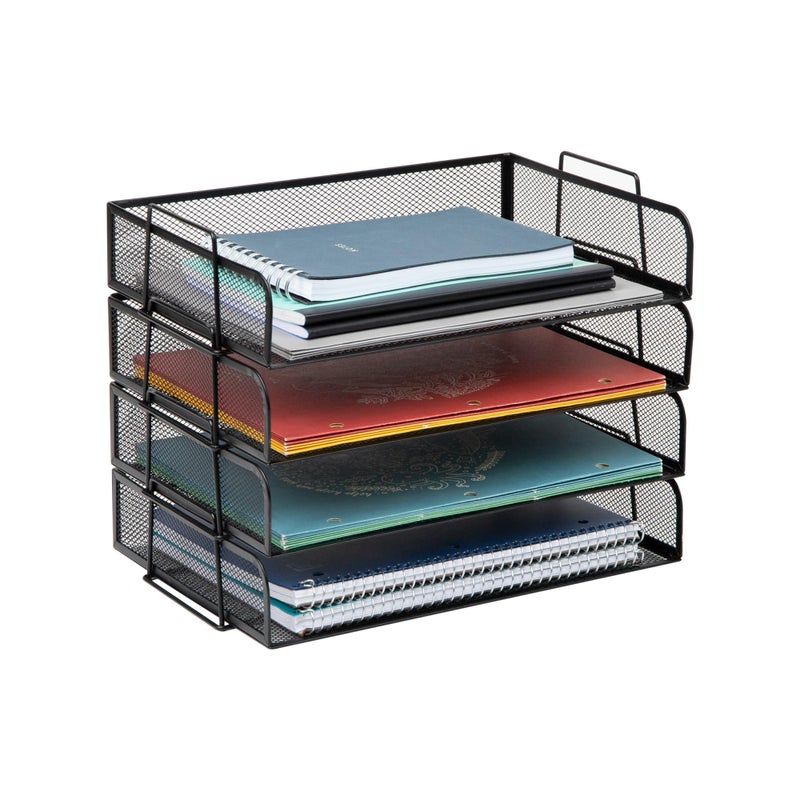 Mind Reader Stackable Paper Tray, Desktop Organizer, File Storage, Office, Metal Mesh, 14" L x 9.75" W x 11.25" H, 4 Pcs., Black - Image 1