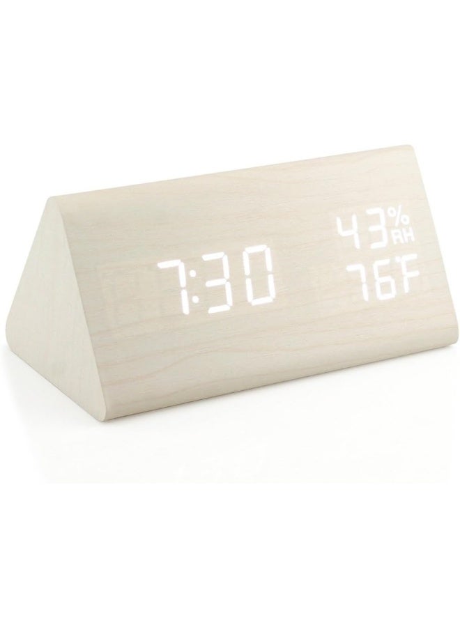 OCT17 Wooden Alarm Clock, Wood Alarm Clock Smart LED Digital Clock for Bedroom/desks, Upgraded with Time Temperature, Adjustable Brightness and Voice Control, Humidity Displaying - White - Image 1