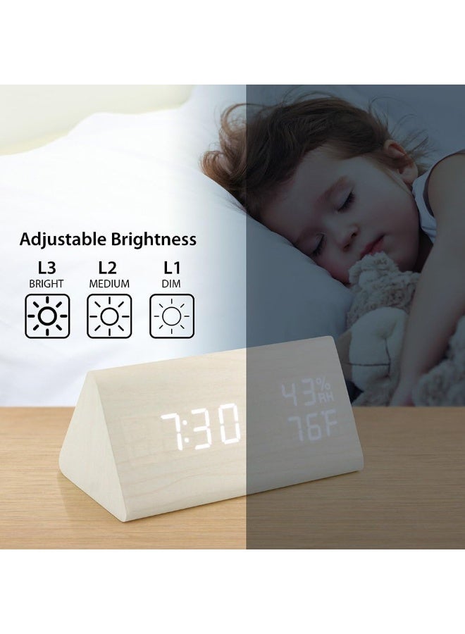 OCT17 Wooden Alarm Clock, Wood Alarm Clock Smart LED Digital Clock for Bedroom/desks, Upgraded with Time Temperature, Adjustable Brightness and Voice Control, Humidity Displaying - White - Image 3