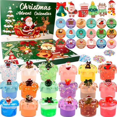 WUJYLY Christmas Slime Kit Slime Party Favors for Kids Xmas Stickers Charms Christmas Stocking Stuffers for Kids Super Soft NonSticky DIY Surprise Slime for Girls Boys - Image 1