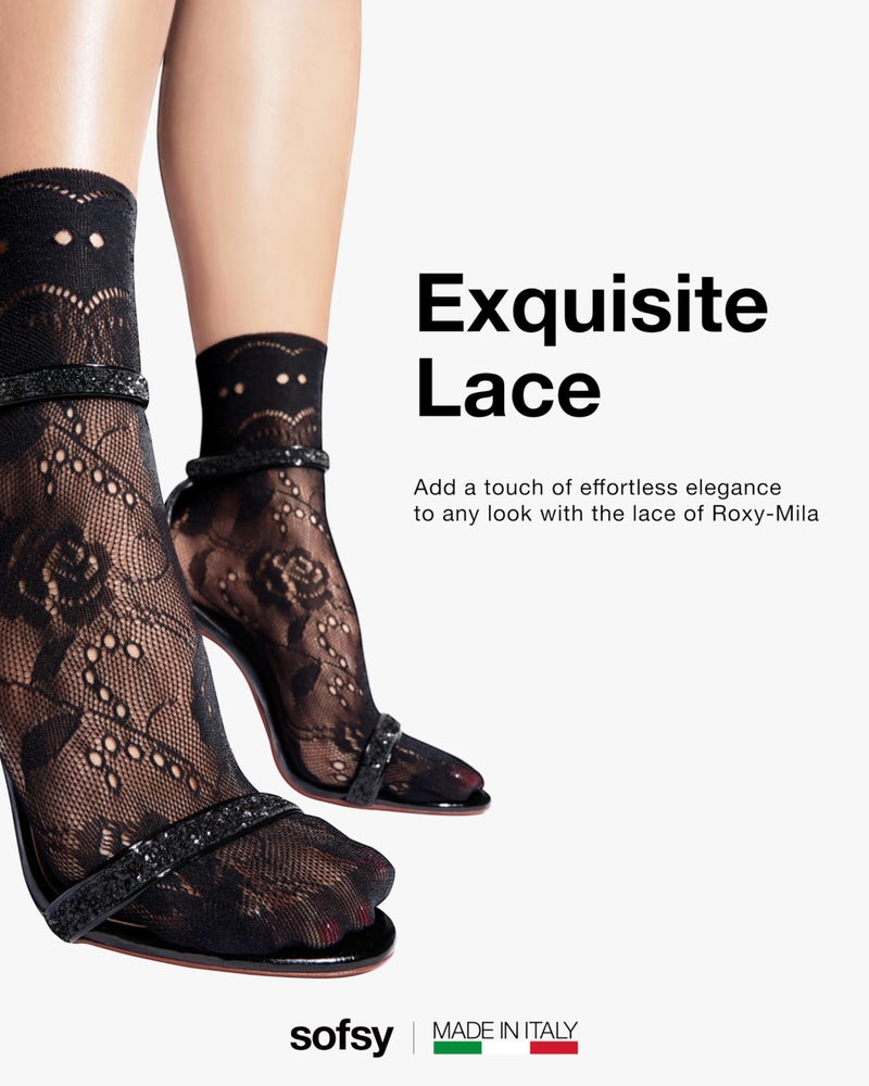 sofsy Timeless-Elegant Black Lace Socks Women [Made in Italy] Sheer Floral Fishnet Crew Ankle Socks for Heels, Boots & Dresses â€“ One Size - Image 4