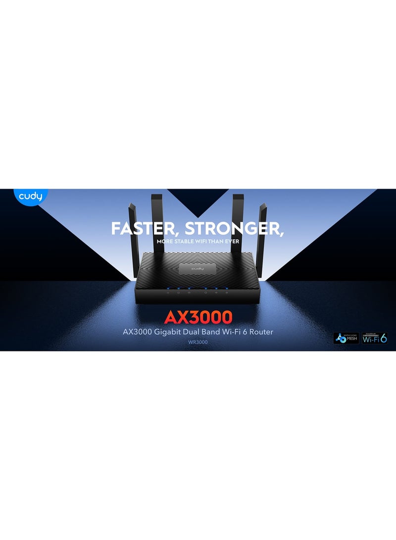 cudy Seamless Gigabit Performance with Full Home Coverage and Enhanced Stability Engineered with high-gain antennas and powerful beamforming technology,  Model WR3000 the Cudy AX3000 extends strong, stable Wi-Fi signals across every corner of your home. Its gigabit ports, MU-MIMO, and OFDMA support ensure multiple devices stay connected with low latency and consistent performance. - Image 3