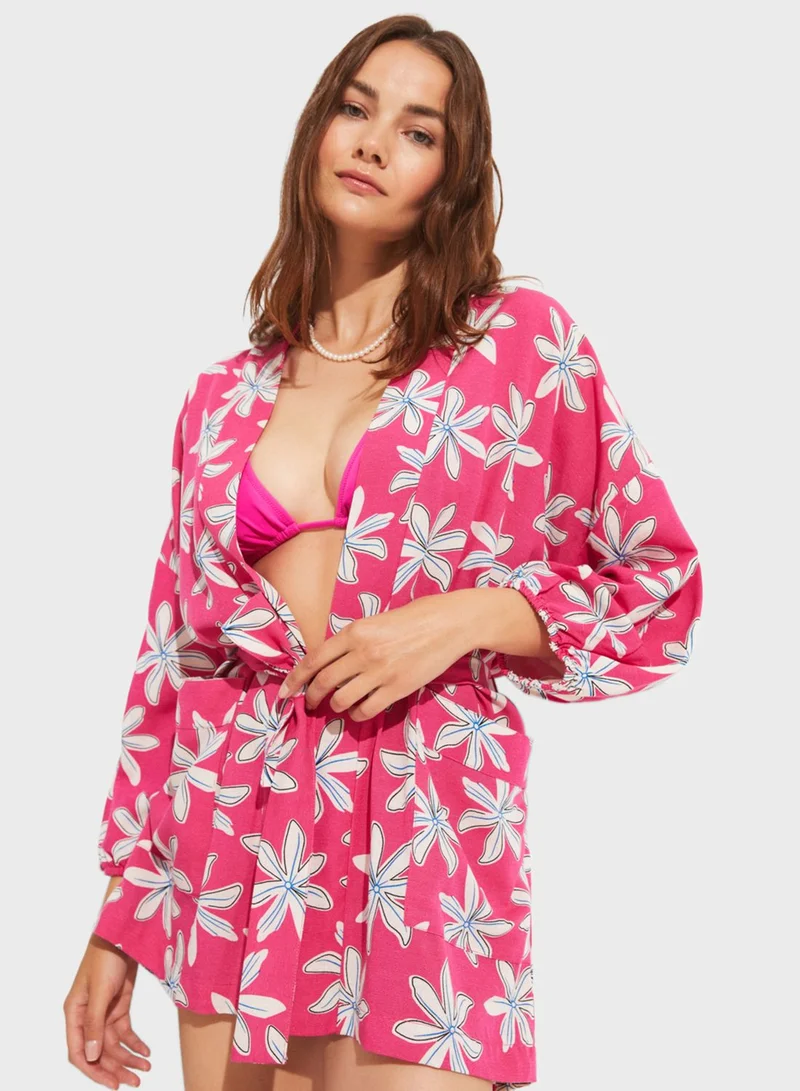 JUNE Puff Sleeve Floral Printed Kimono