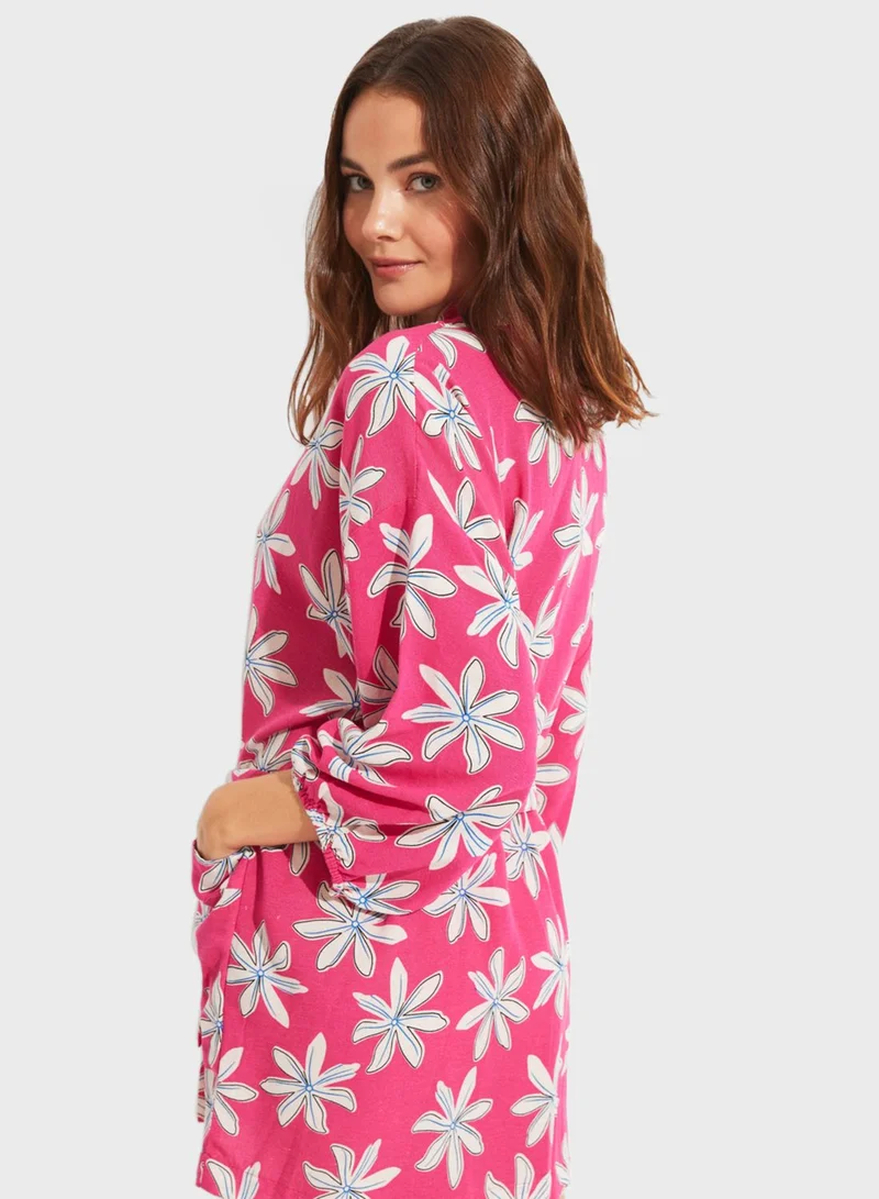 JUNE Puff Sleeve Floral Printed Kimono