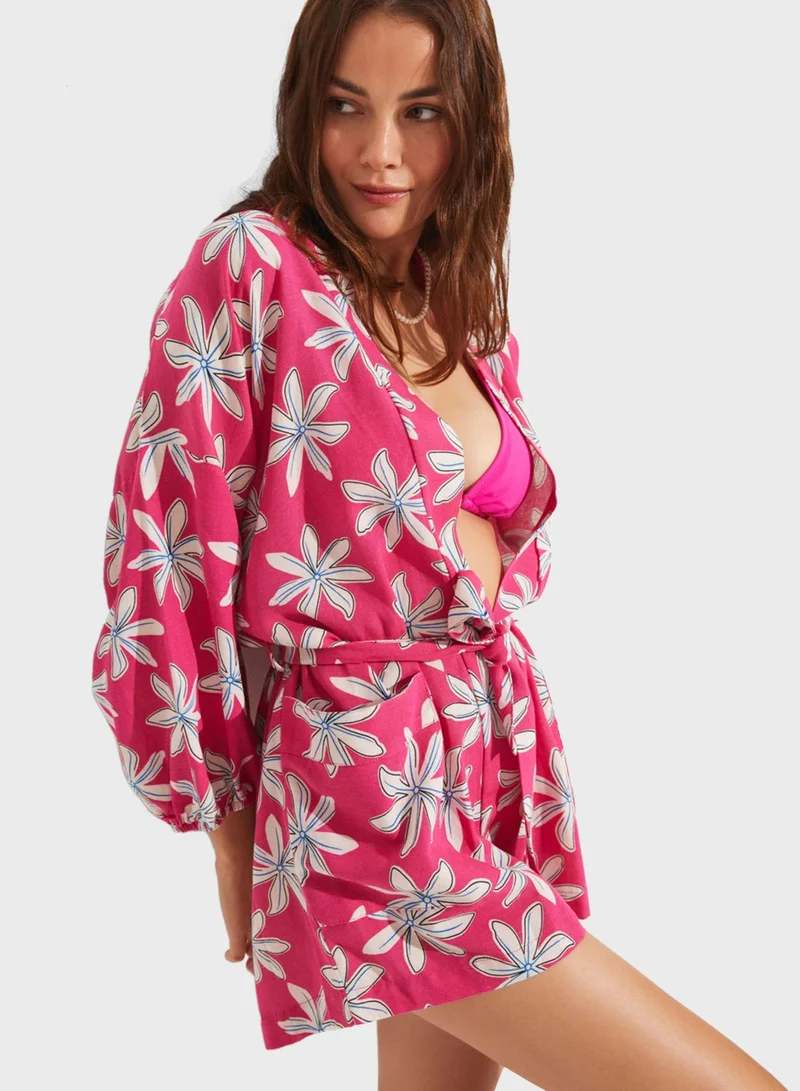 JUNE Puff Sleeve Floral Printed Kimono